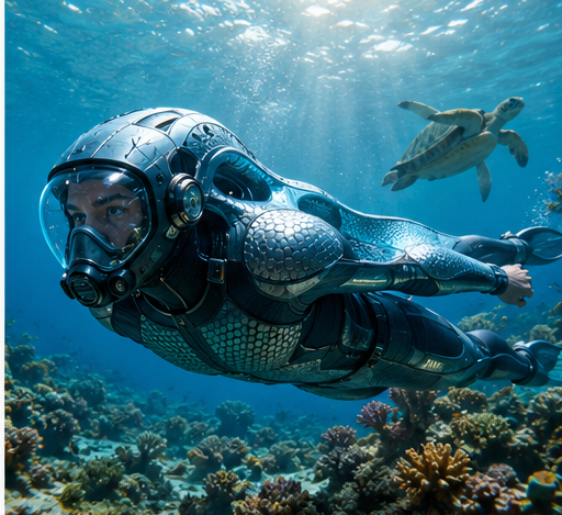 AquaSuit researcher swimming alongside a sea turtle in open ocean coral reef environment — the suit's boxfish-inspired ridge hull geometry and superhydrophobic plastron surface reducing swim drag 30–40%