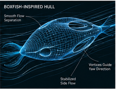 Boxfish-inspired hull computational fluid dynamics diagram showing smooth flow separation, vortices guiding yaw direction, and stabilized side flow — the passive stability mechanism underlying the AquaSuit hull geometry