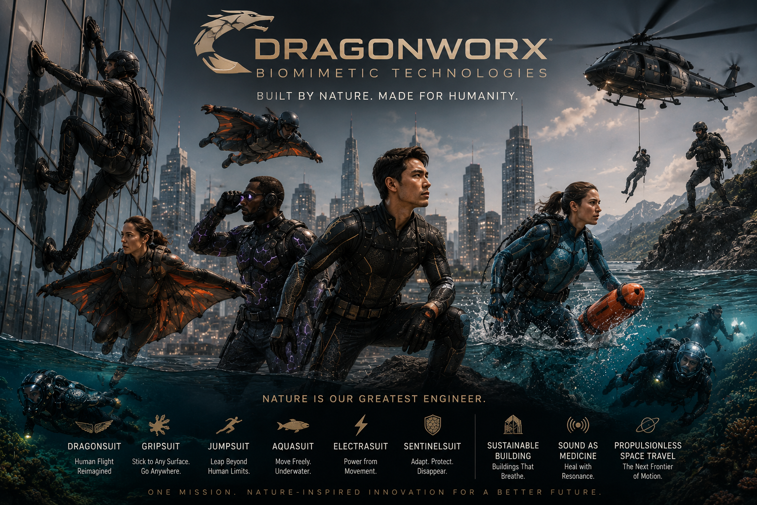 DragonWorx Biomimetic Technologies — Built by Nature. Made for Humanity. Full product line overview: DragonSuit, GripSuit, JumpSuit, AquaSuit, ElectraSuit, SentinelSuit, Sustainable Building, Sound as Medicine, Propulsionless Space Travel