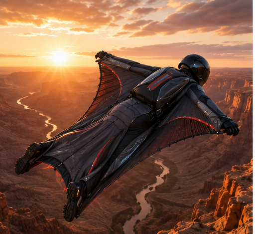 DragonSuit Apex pilot launching into a sustained canyon glide at golden hour — the wing's SMP rib skeleton holding a clean NACA 4412 profile across the full span while clearing a river gorge