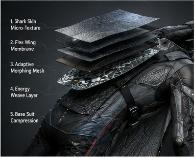 DragonSuit five-layer composite stack exploded diagram: (1) shark-skin micro-texture outer surface, (2) flex wing membrane, (3) adaptive morphing mesh, (4) energy weave layer, (5) base suit compression layer