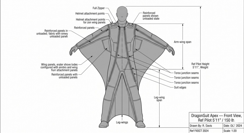 DragonSuit front-view orthographic — arm wings at 45° deployment