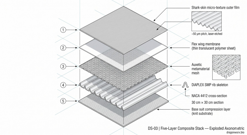 Five-layer composite stack exploded axonometric