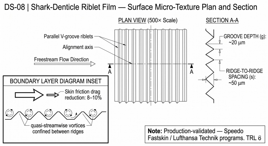 Shark-denticle riblet film surface texture at 500x scale