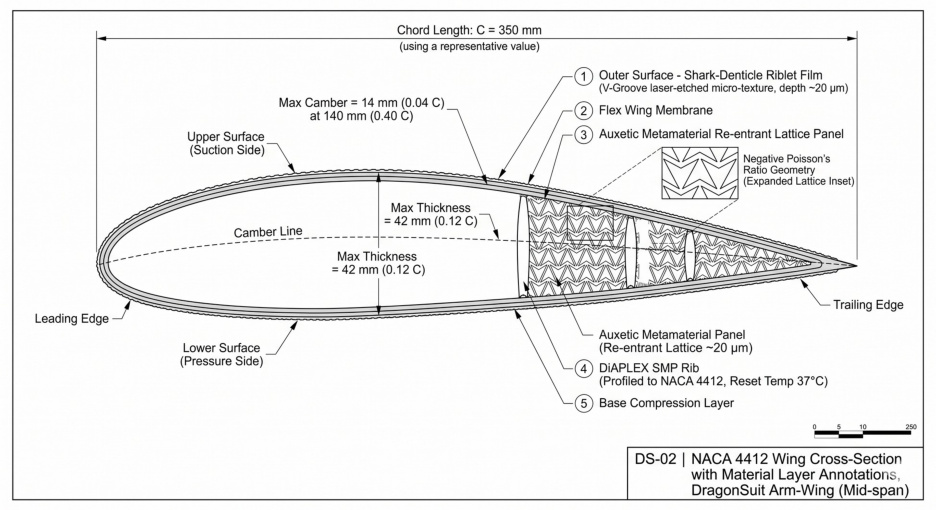 NACA 4412 arm-wing cross-section with five composite layer annotations