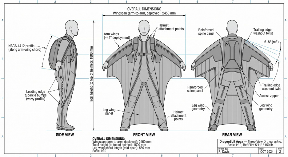 DragonSuit three-view orthographic — front, side, rear at scale 1:10