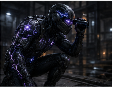 ElectraSuit operator on night patrol with bioluminescent hexagonal sensor nodes illuminated across the suit surface — passive electroreception array detecting living organisms and electronics up to 2m range, no emitted signal