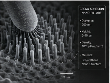 Scanning electron microscope closeup of gecko-inspired polyurethane nano-pillars: 200nm diameter, 5–10μm height, density 10⁶ pillars/mm² — the dry adhesion mechanism at the heart of the GripSuit