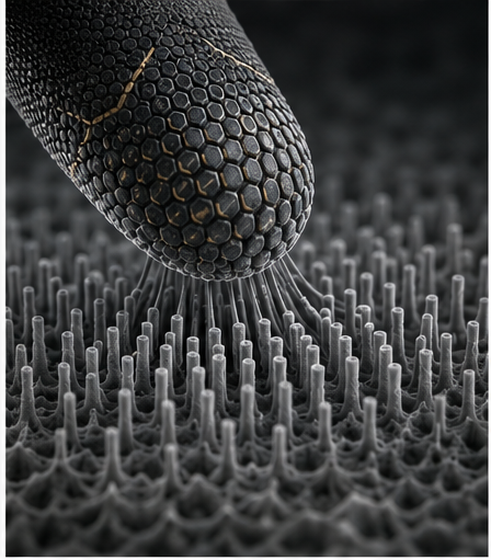 Extreme closeup of GripSuit nano-pillar adhesion array — dense forest of polyurethane pillars with 200 nm spatular tips replicating gecko setal geometry