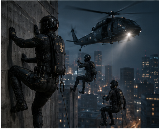 GripSuit Apex-M operators conducting nighttime tactical ascent of reinforced concrete structure — military SKU with clingfish/remora rough-surface mechanism