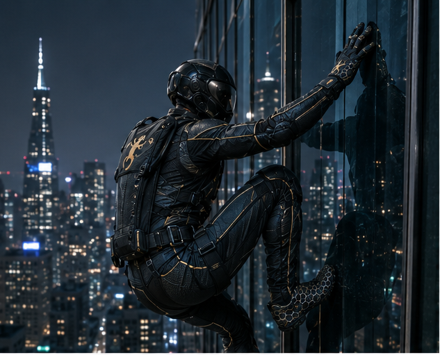 GripSuit operator ascending a glass skyscraper façade at night — full-body Van der Waals adhesion on smooth glass at human body weight