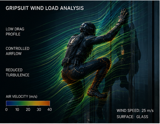 GripSuit wind load CFD analysis — streamlines around a suited climber on glass at 25 m/s