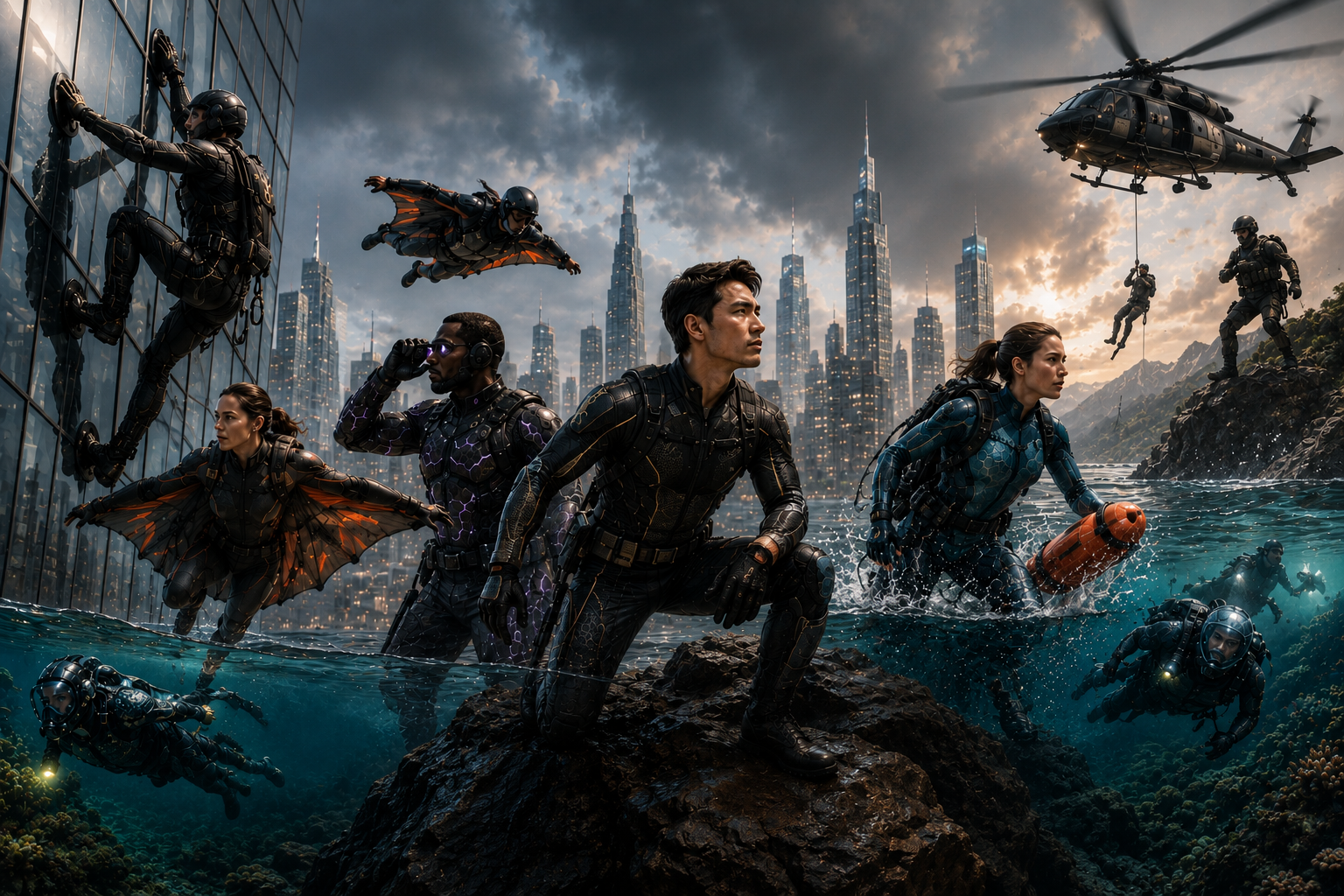 DragonWorx biomimetic suit operators — GripSuit climbing glass, DragonSuit wingsuit flight, JumpSuit, AquaSuit underwater, ElectraSuit, and military rappel operators across a composite urban-ocean environment