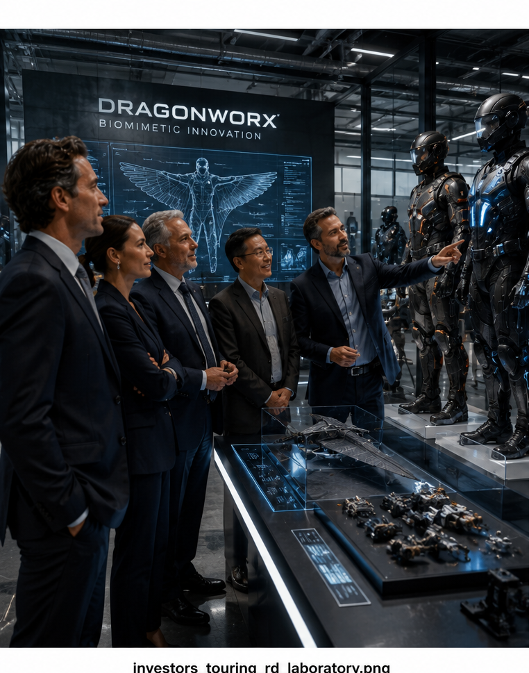 Investors and stakeholders touring the DragonWorx R&D laboratory, examining biomimetic suit prototypes and display models on lit pedestals