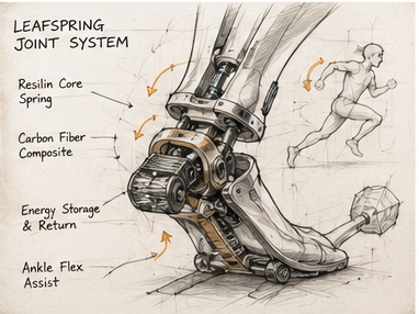Leafspring joint system engineering sketch showing resilin core spring, carbon fiber composite structure, energy storage and return mechanism, and ankle flex assist — the JumpSuit design foundation