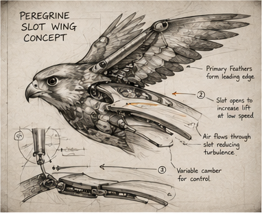 Peregrine falcon slot-wing mechanism engineering sketch annotating primary feather slot opening, variable camber control, and turbulence-reducing air flow path — the biological model for DragonSuit tip slot design