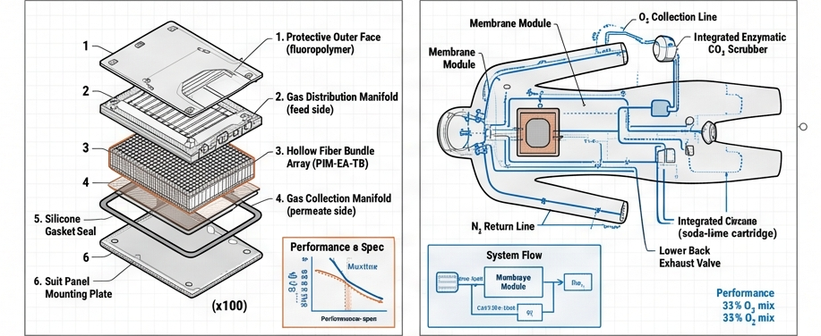 Pro O₂ membrane module exploded assembly and gas circuit schematic