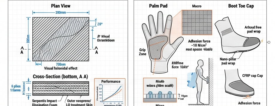 Apex-M helicoidal CFRP panel layup and GripSuit pad integration detail
