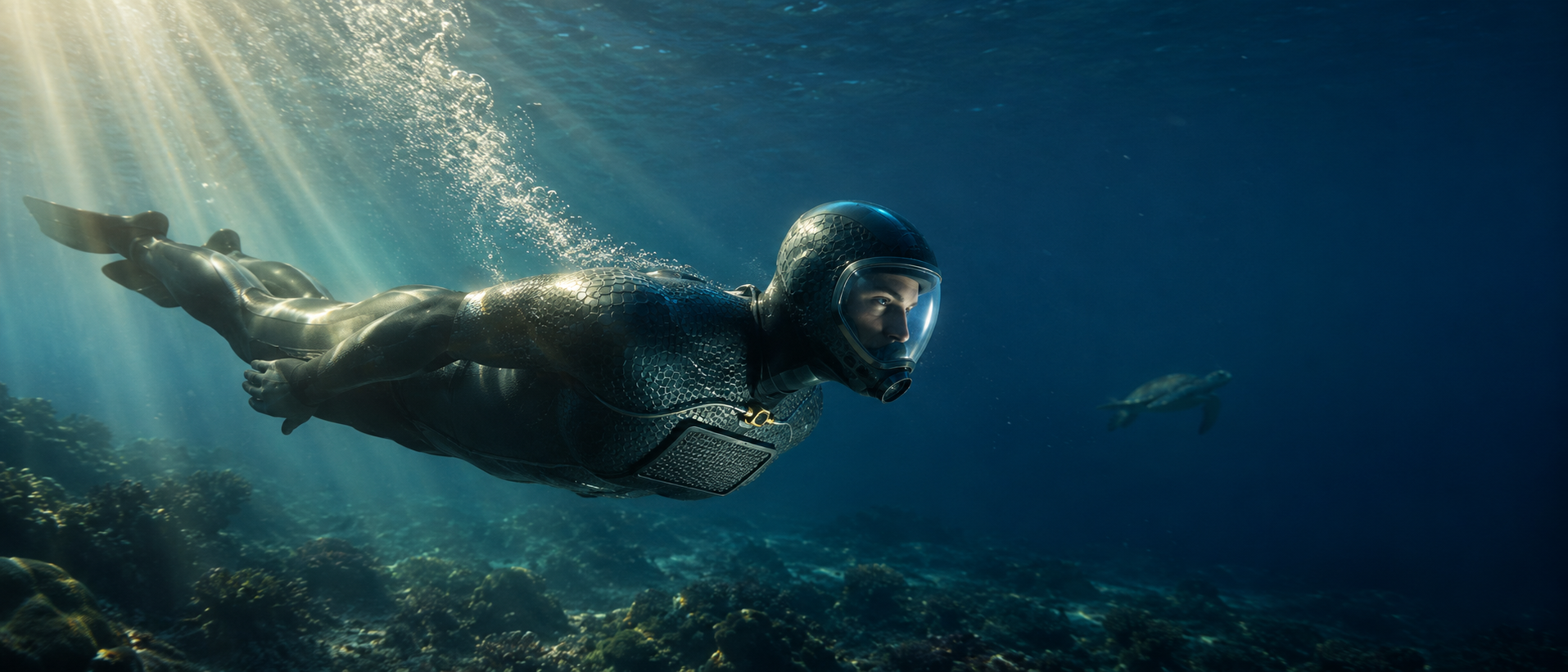 AquaSuit research swimmer at depth — DragonWorx Biomimetic Technologies