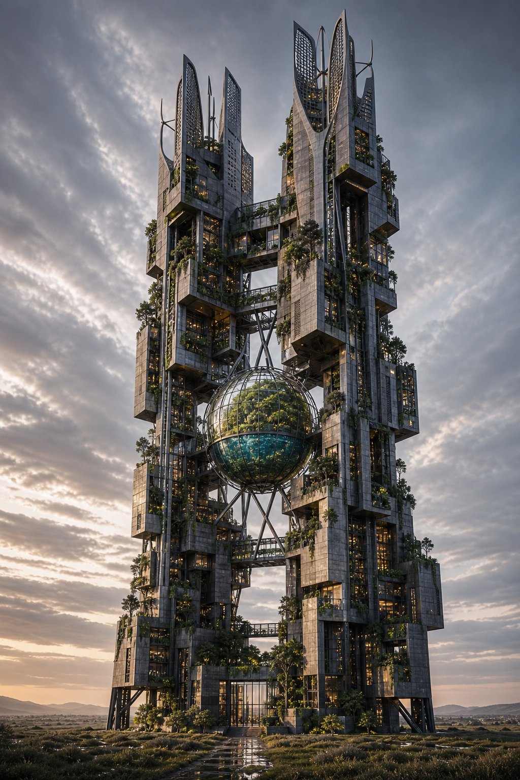 Verdant Tower — twin bio-hybrid concrete towers with tensegrity biosphere
